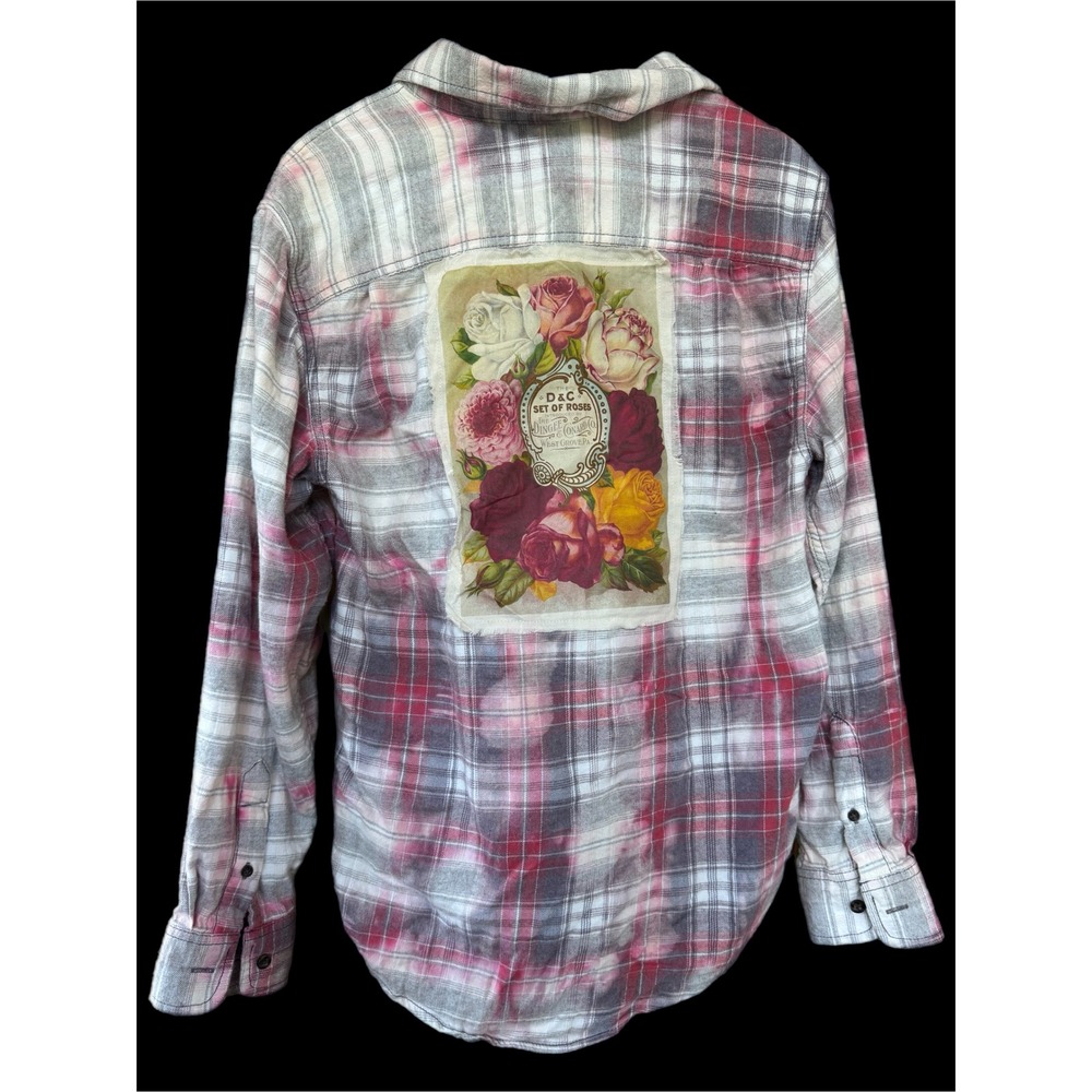 Upcycled Floral Flannel Shirt Small | Cottagecore Rose Patch Soft Plaid - Picture 4 of 8